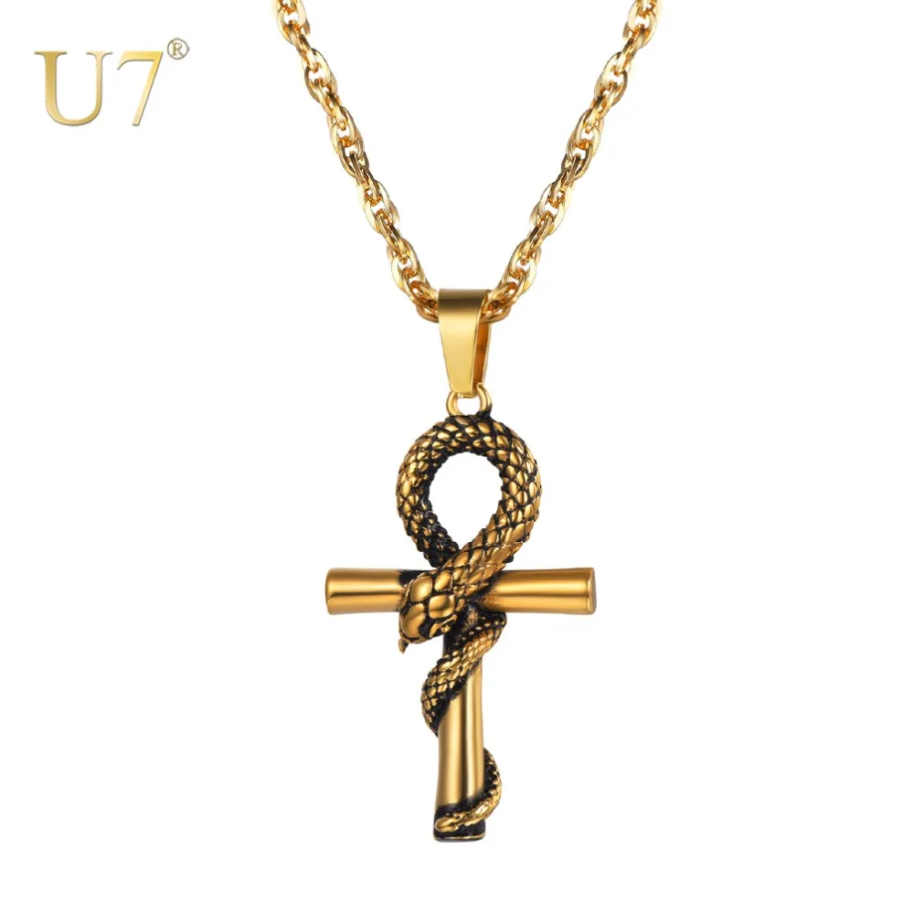 

U7 Egyptian Ankh Cross Snake Pendant Necklace 316L Stainless Necklaces&Pendants Hiphop Long Chain for Men Jewelry 24inch P1232