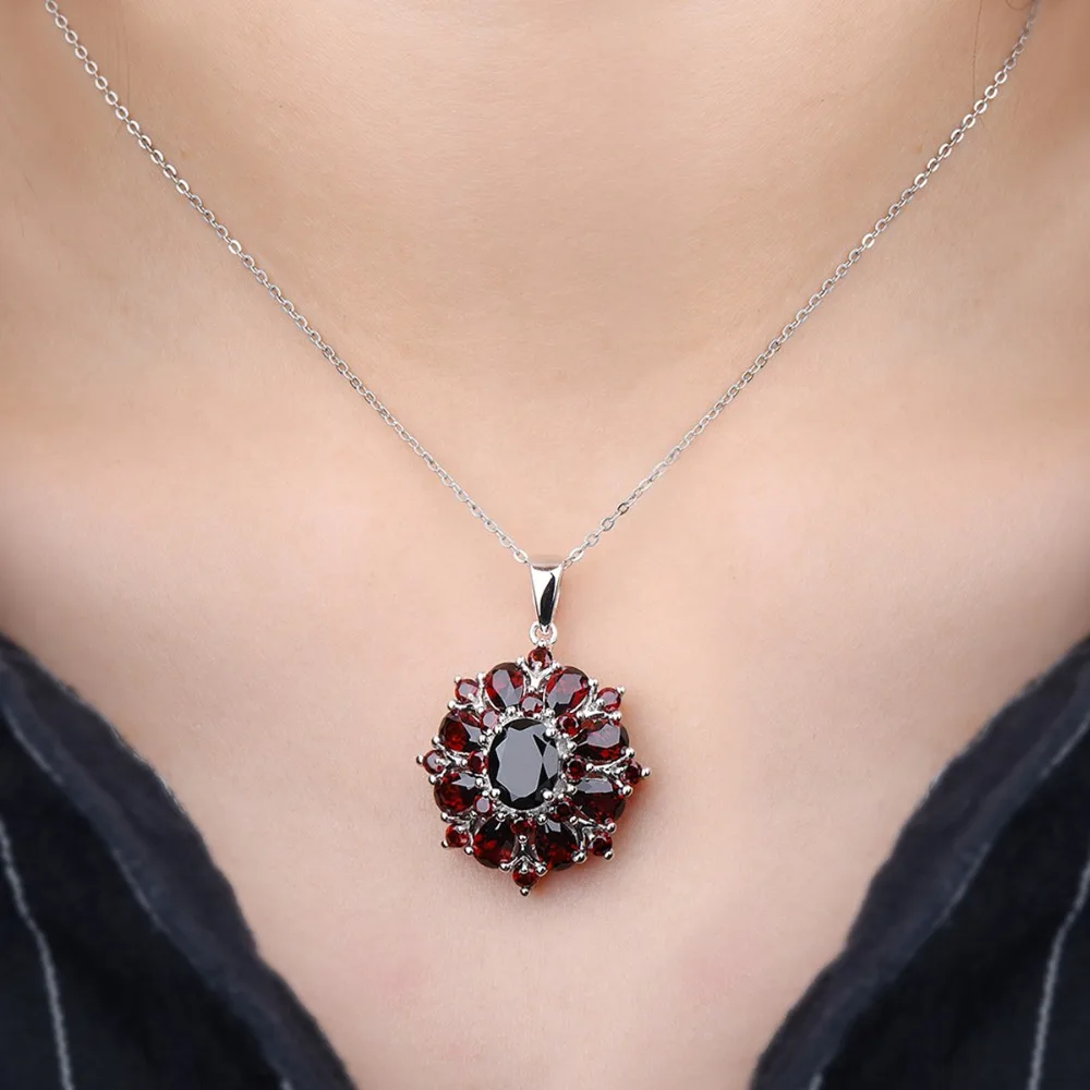 Hutang 7.54ct Natural Black Garnet Pendant, 925 Sterling Silver Necklace Fine Gemstone Jewelry for Women, Gift for Christmas