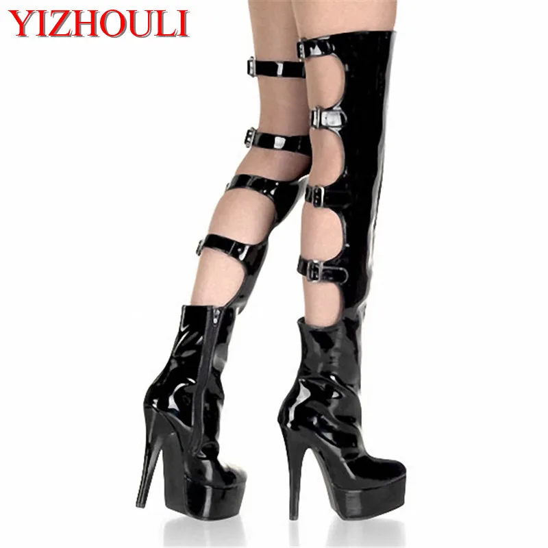 15cm high-heeled shoes cut-outs over-the-knee women's boots buckle strap motorcycle boots 6 inch thigh high boots dance shoes