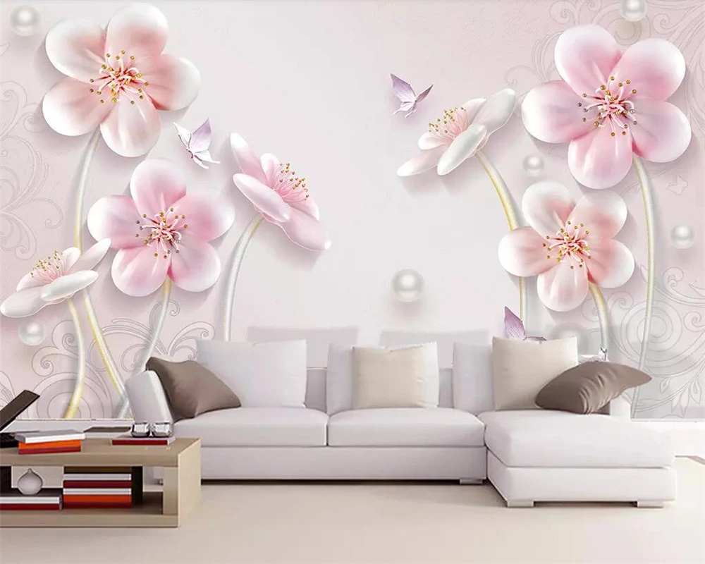 

wallpaper embossed Pink flower European style TV background wall 3d living room bedroom decoration wallpaper mural