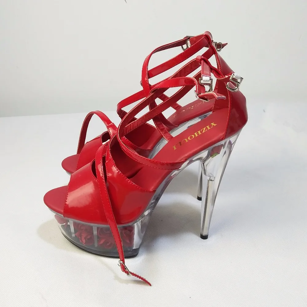 Model stage 15 cm high heels, stiletto shoes, transparent soles rose decoration, wedding banquet sandal