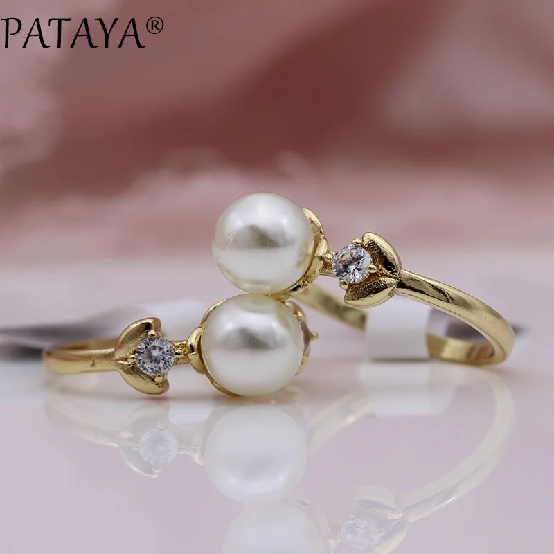 PATAYA New Champagne Gold Color Imitation Pearls Round Natural Zircon Rings Women Wedding Party Jewelry shape Girls Cute Ring