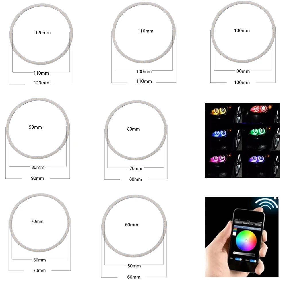 2PCS/Set Car Halo Rings RGB APP Bluetooth Angel Eyes Wierless for Car Motorcycle Headlight 60MM 70MM 80MM 90MM 100MM 110MM 120MM