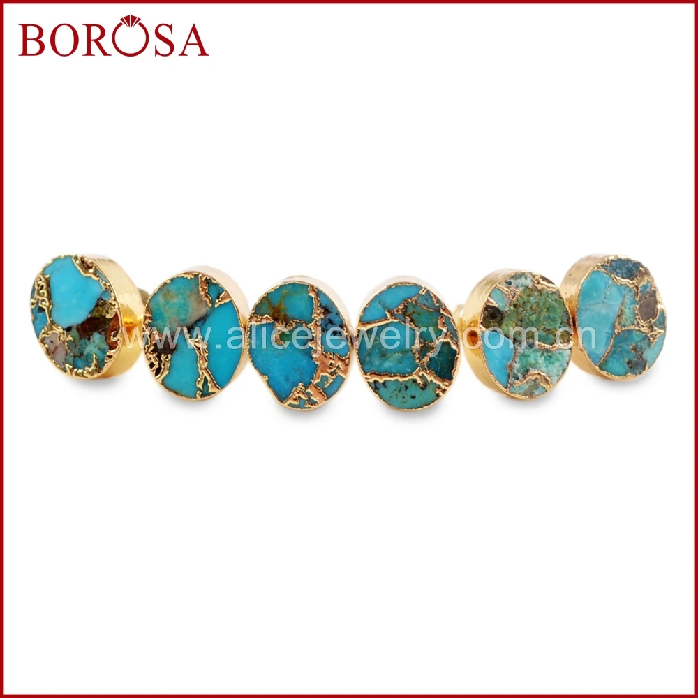 BOROSA 5/10Pairs Fashion Gold Color Oval  Copper Natural Turquoises Stud Earrings Jewelry Natural Blue Stone Women Earring G1546