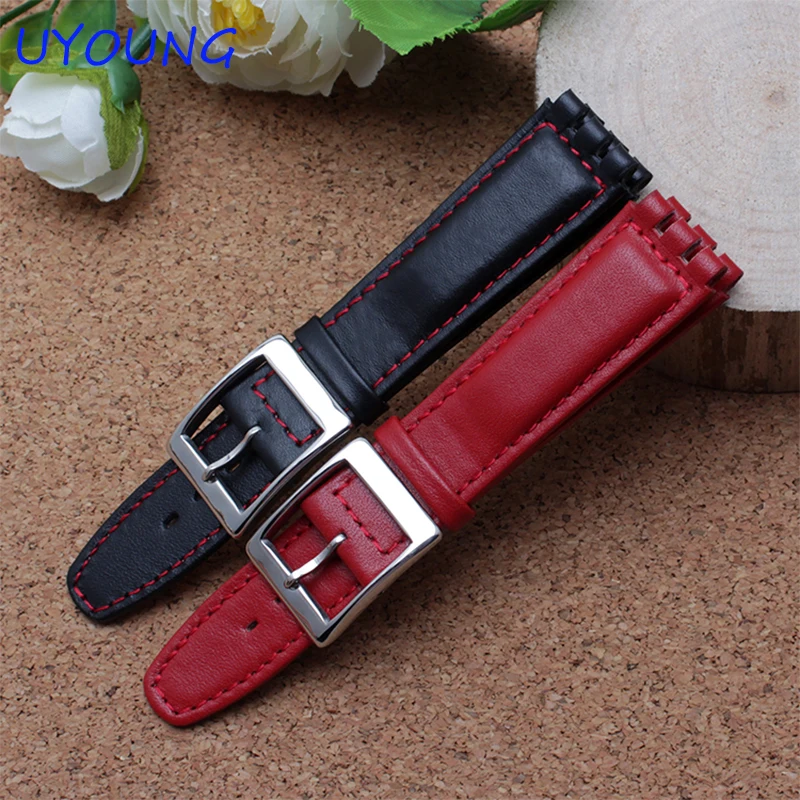 High Quality 17mm 19mm Waterproof Genuine Leather Watch Strap Band Black Brown White With Clasp for swatch wathcband