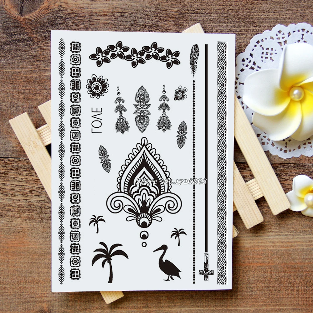 

Waterproof Metallic Gold Silver White Temporary Tattoo For Black India Henna Tattoo Love Flower Pattern #020