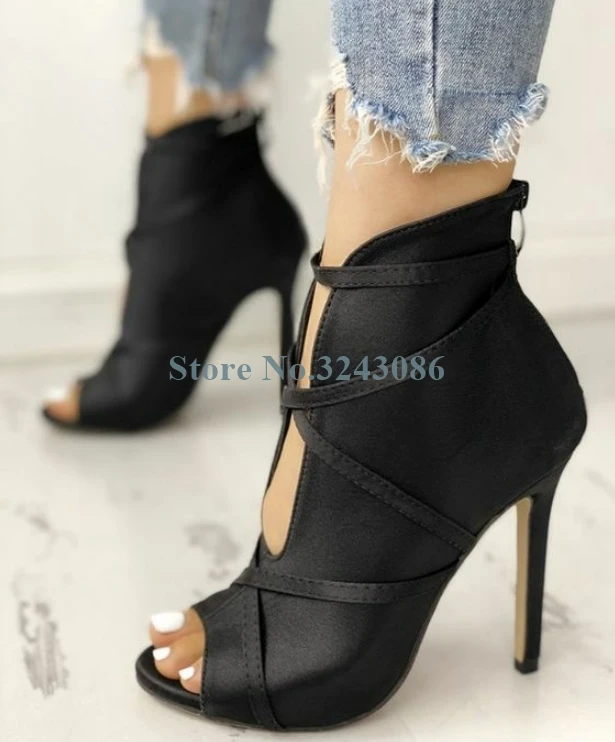 Peep Toe Narrow Band Thin High Heel Sandal Boots Red Pink Black Grey Satin Sandals Silk Back Zipper Stiletto Heel Ladies Shoes