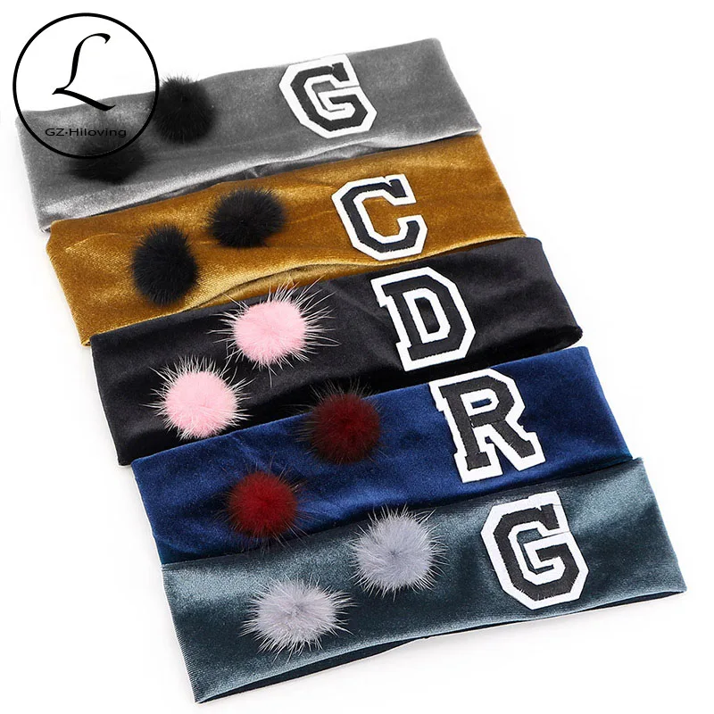 

GZHilovingL Solid Winter Girls Baby Cotton Letter Headband With Real Mink Fur Pom Poms Velvet Elastic Hair Band Hair Accessories