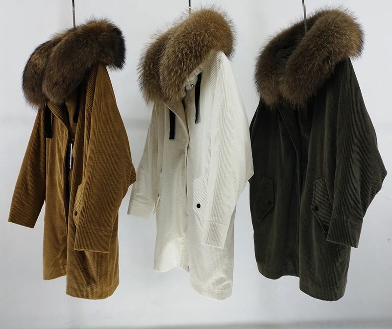 

winter Natural rabbit fur lining jacket coat Women parka fur coat Corduroy real raccoon fur collar warm Long parkas