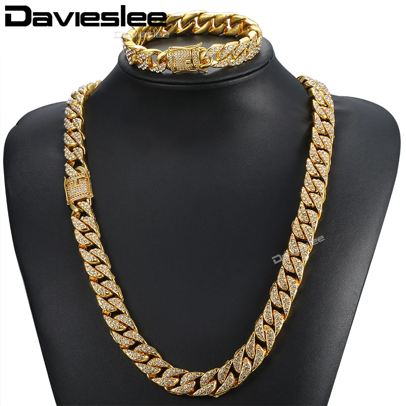 

Davieslee Jewelry Set For Men Gold Color Miami Curb Cuban Link Chain Necklace Bracelet Sets Men's Jewelry 14mm DGS262