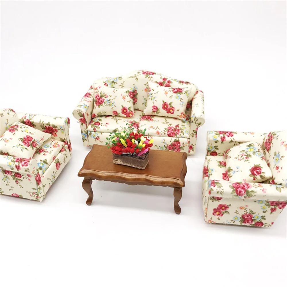 1/12 Poppenhuis Miniatuur Accessoires Mini Rose Sofa Set Met Kussen Simulatie Meubels Speelgoed Voor Poppenhuis Decoratie