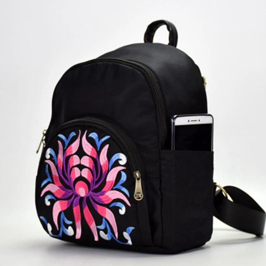 

New women's bag Oxford cloth fashion embroidered backpack national trend black embroidery holiday backpack