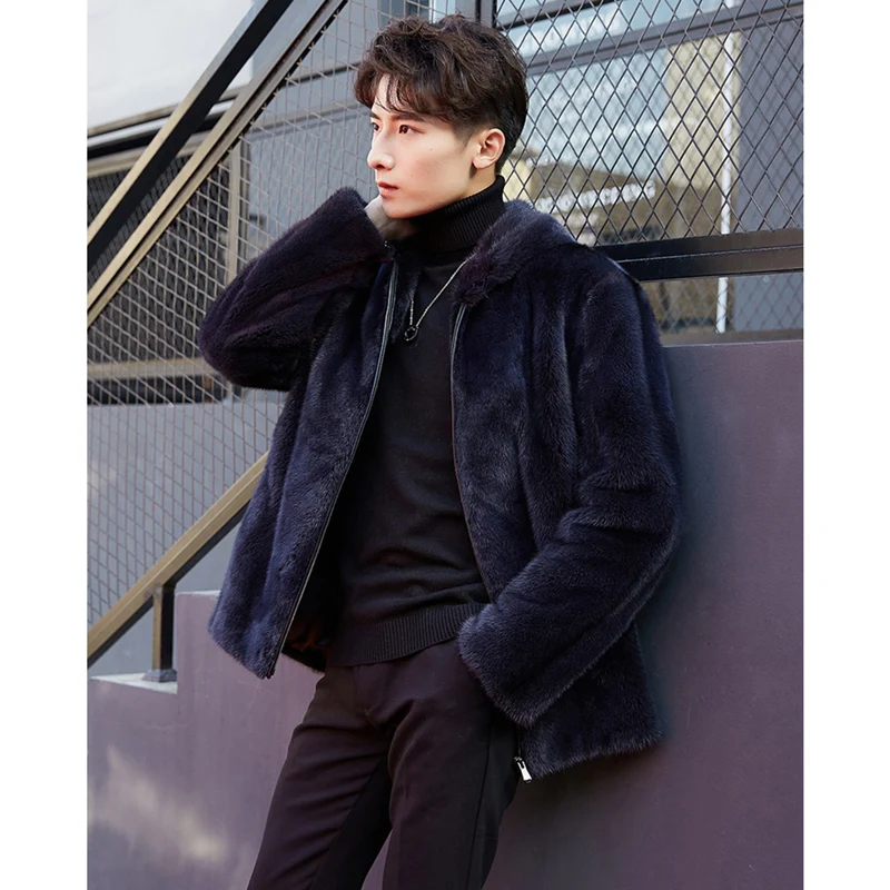 Winter mink coat Men's whole mink with a hat to trim the mink fur Haining fur one men's coat   Fur coat men jacket