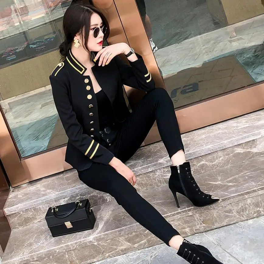 2018 Autumn fashion new women\'s jacket coat Slim short military uniform tunic outwear female metal single-breasted jacket L1202