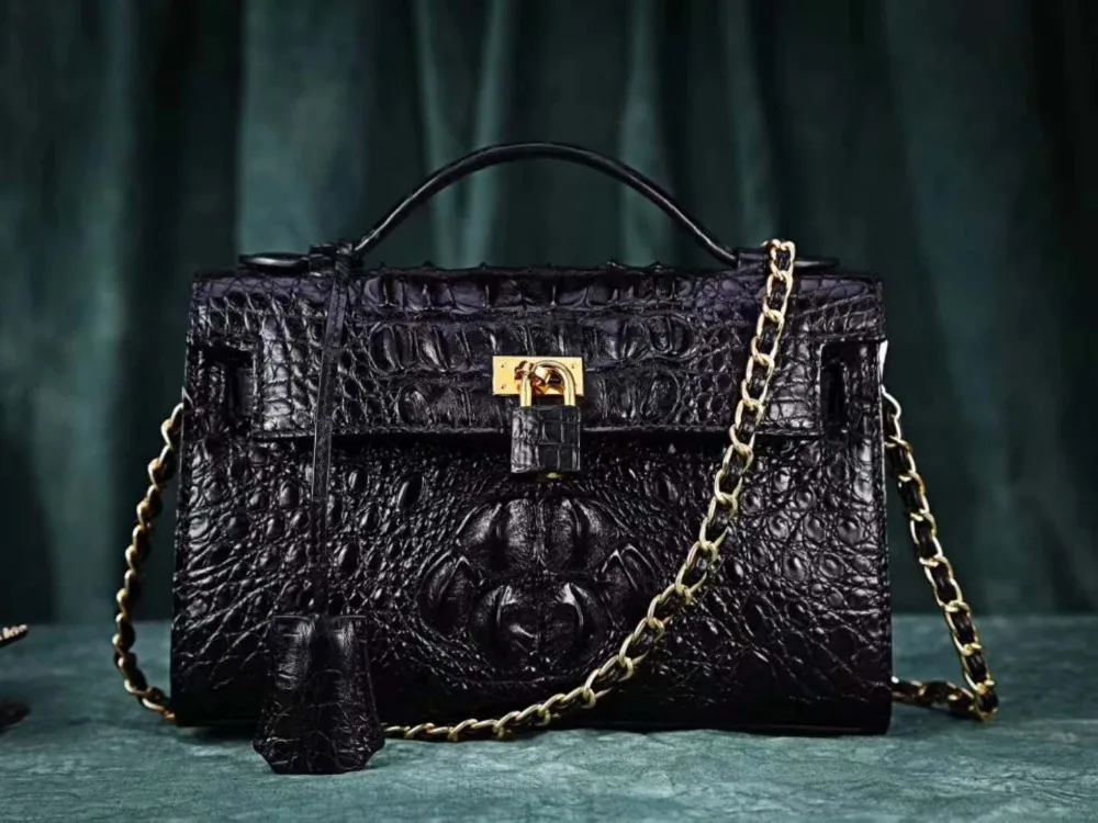 Hot selling luxury quality 100% real genuine crocodile skin women chain shouder bag green color crocodile head skin lady bag