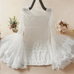 2018 Spring Autumn Women Bottoming Shirt Sweet Midi-Long Hollow Out Mesh Blouse Ladies Flare Sleeve Lace Blouses Short Tops A852
