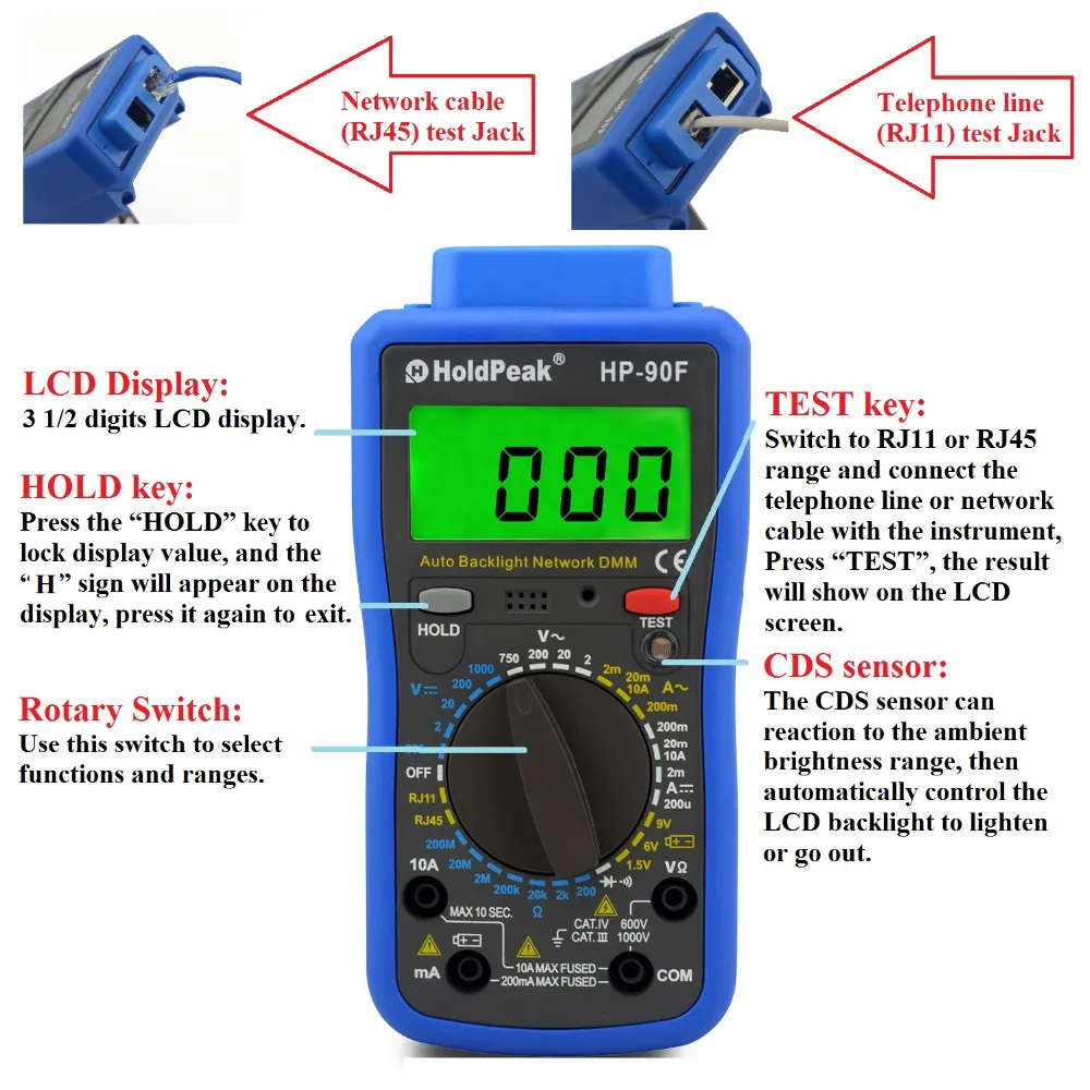 Multimetro Digital HoldPeak HP-90F Digital Network Multimeter Meter with Telephone Line and Network Cable Test