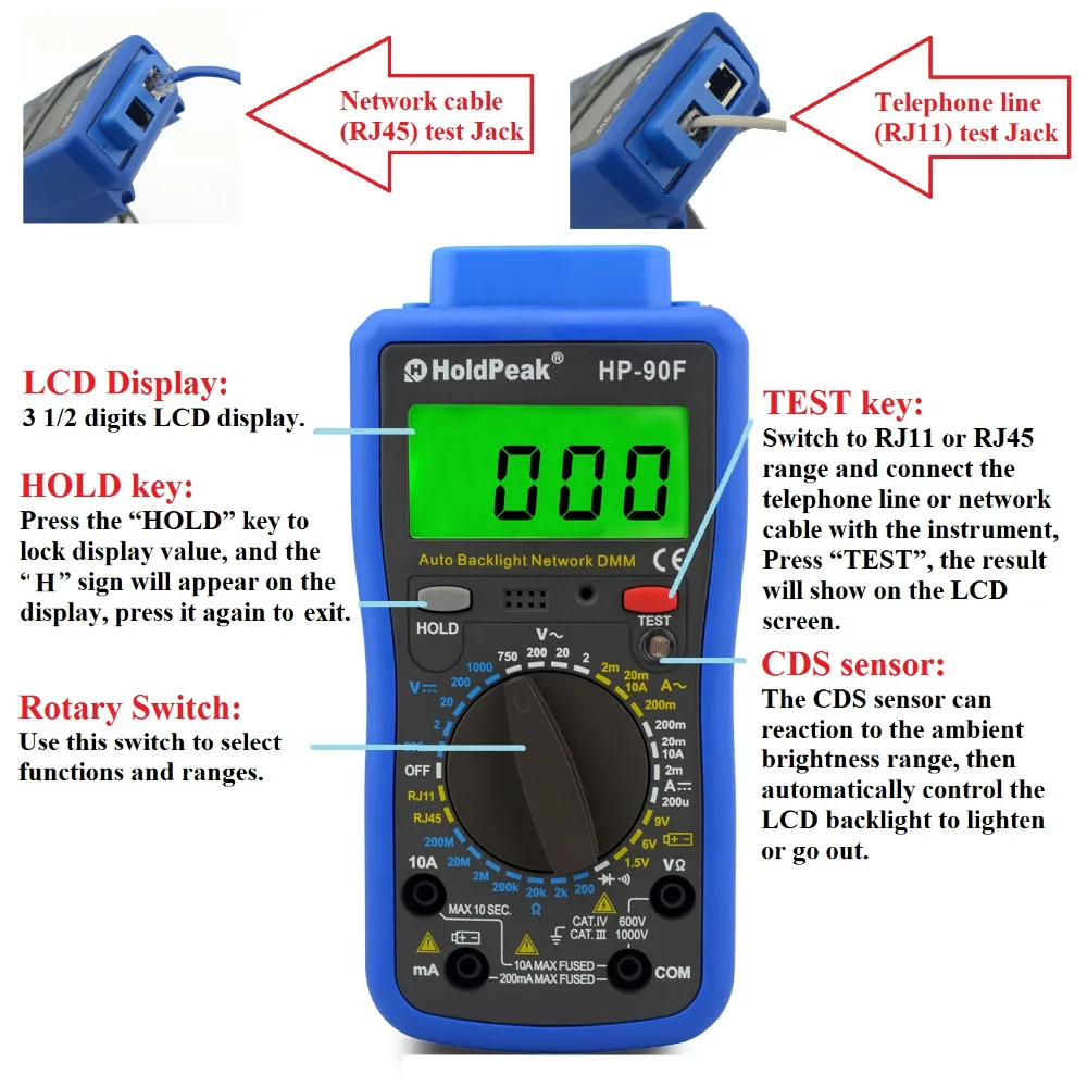 Imagem -05 - Multímetro Digital Holdpeak para Rede Multímetro Digital com Linha Telefônica e Teste de Cabo de Rede