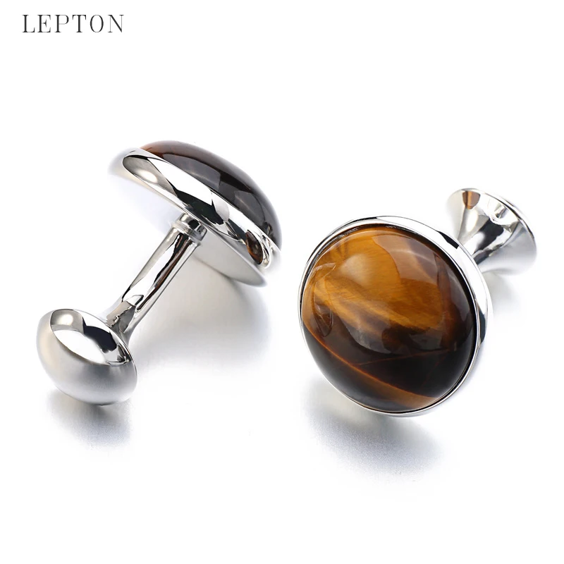 Lepton Low-key Luxury Tiger-eye Stone Cufflinks for Mens High Quality Round Tigereye Stone Cuff links Relojes gemelos Best Gift