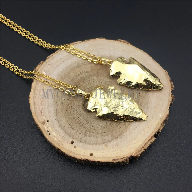 

MY0842 Arrow Druzy Pendant Charm Necklace,with Pure Gold Cladding Arrowhead Gems Stone and Gold Chain