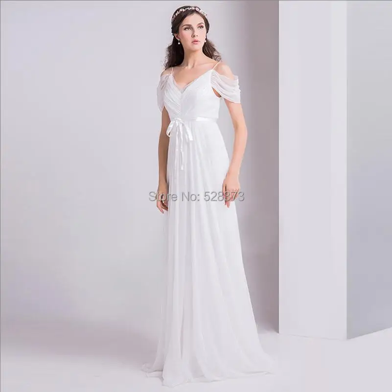 YNQNFS IWD9 Elegant Chiffon Off the Should Sweep Train V Neck Vintage Beach Wedding Dress Bridal Dress Wedding Gown