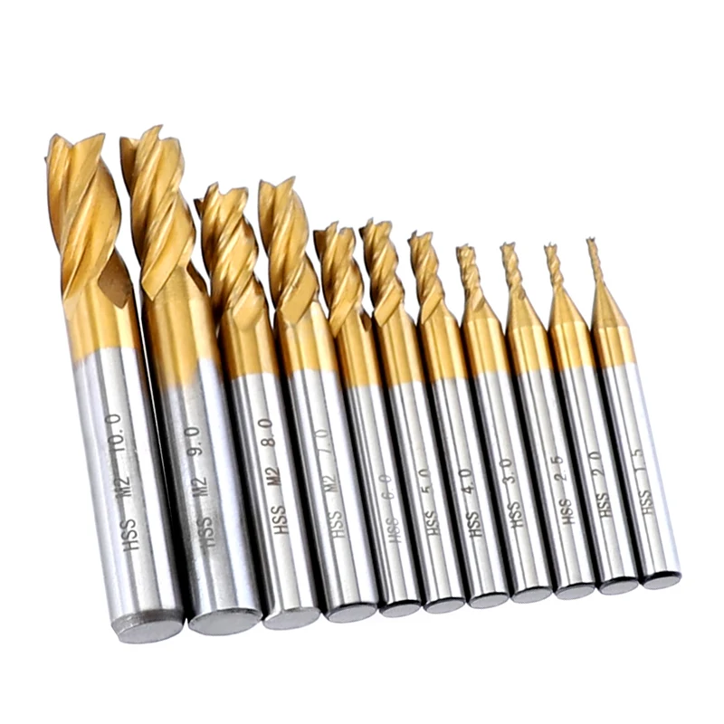 Milling Cutters Set 1.5-10mm CNC Router Bit Titanium HSS 4 Flutes Straight Shank End Mill Cutter Wood Steel Milling Tool