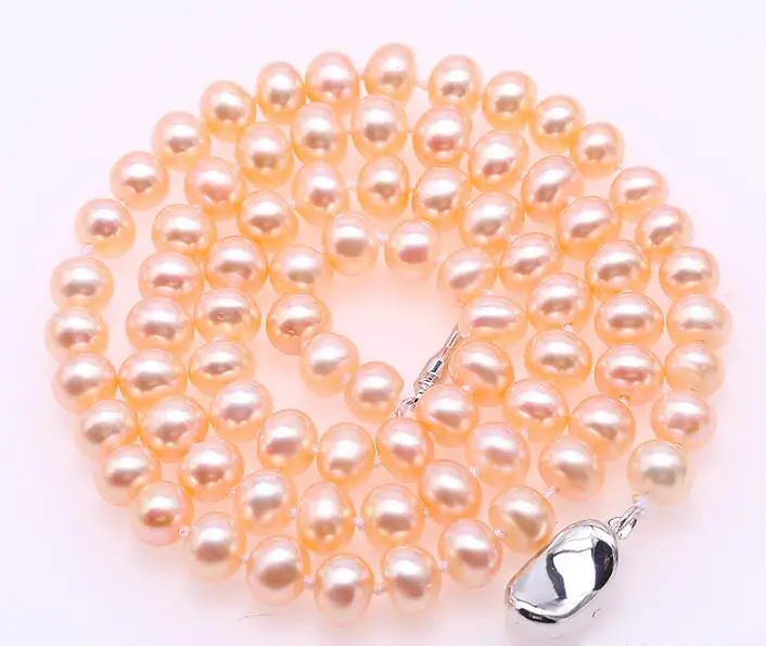 

natural pearl 6x7mm pink orange pearl Jewelry 925 silver clasp necklace real freshwater pearl gift 17 inch 43cm