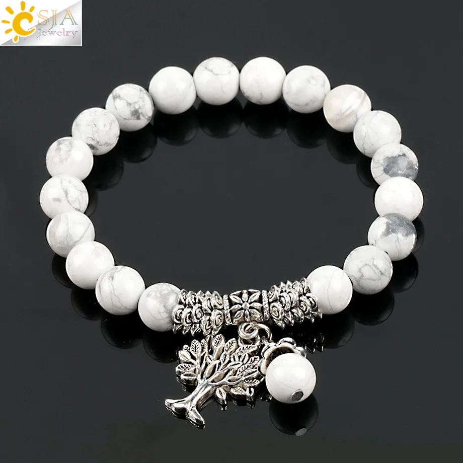 CSJA-pulsera de cuentas de piedra de howlita blanca para hombre, brazalete del árbol de la vida, Yoga tibetano, poder curativo, energía, E724