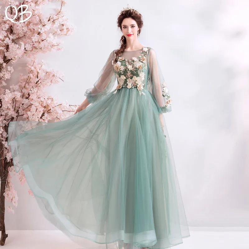 Green A-line Long Sleeve Tulle Lace Flowers Elegant Formal Evening Dresses 2020 New Fashion Bride Party Prom Dress XH163