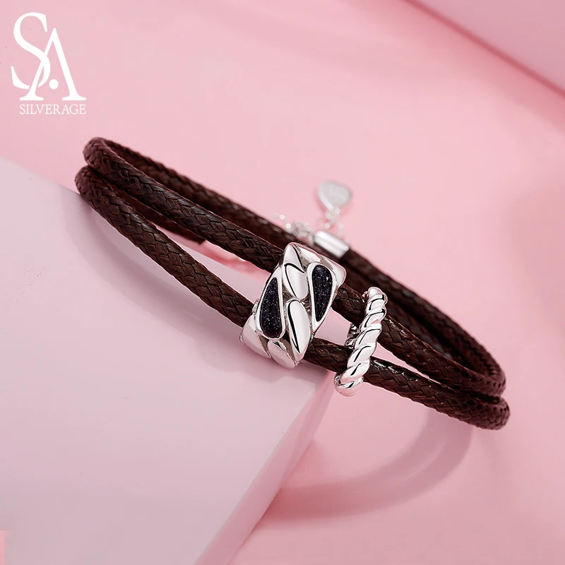 

SA SILVERAGE 925 Sterling Silver Two Layer Wax Rope Bracelets & Bangles for Women Butterfly Bracelet with Aventurine Female 2019