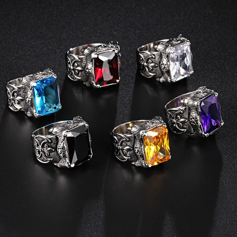 Silver color Retro punk gothic  red stone men titanium steel casting ring