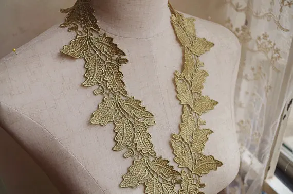 

Металлическая золотая кружевная отделка, золотое вязаное крючком кружево с листьями, рождественское украшение