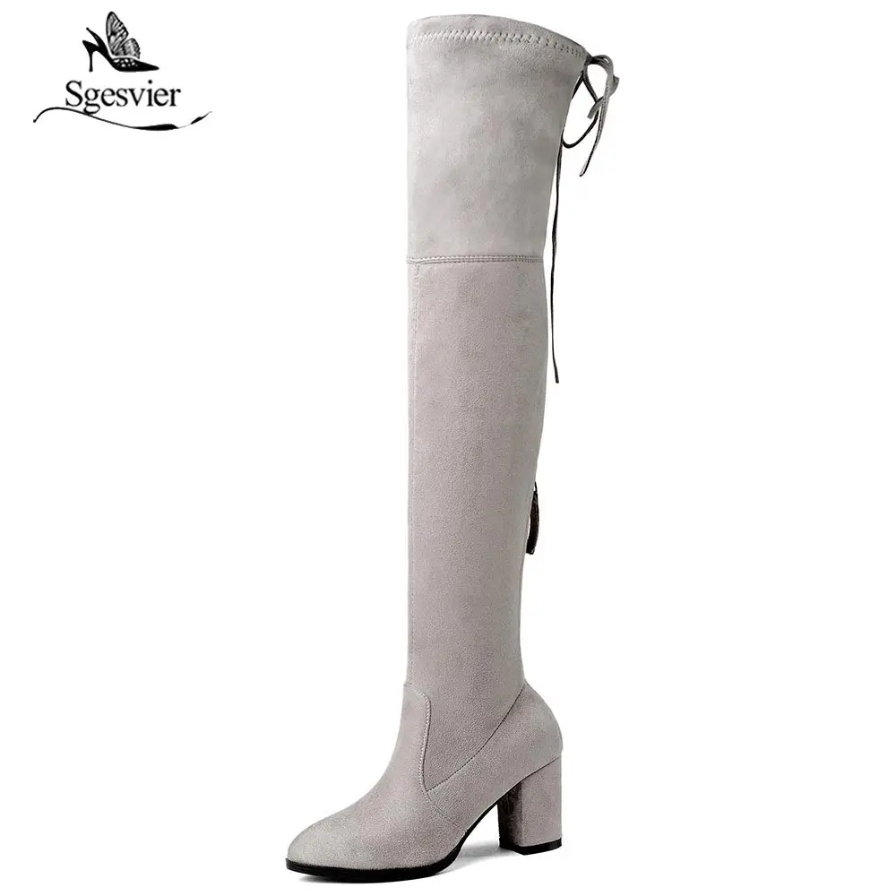 Sgesvier 2019 Women Boots Lace Up Over The Knee Boots Stretch Fabric Square High Heel Slim Fashion Ladies Boots Size 34-43 OX552