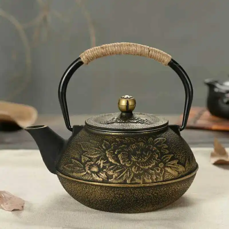 Hot sale Cast iron pot uncoated iron teapot southern Japan,Japanese Kung Fu Tools Stainless Steel Strainer Peony Teakettle 800ml