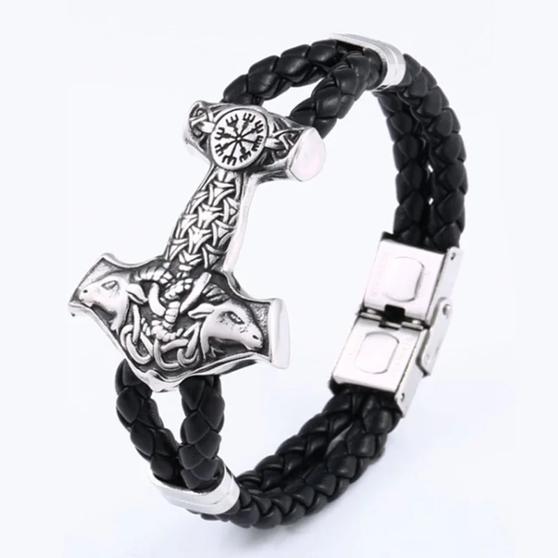 Beier 316L Stainless Steel Cowhide Bracelet Viking Scandinavian Norse Men\'s Bracelet Mjolnir Fashion LLBC-L033