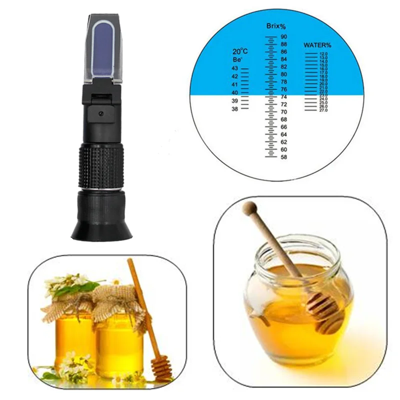 3-in-1 Handheld Honey Refractometer for Honey Moisture Brix and Baume 58-90% Brix Scale Range Honey Moisture Tester with Box