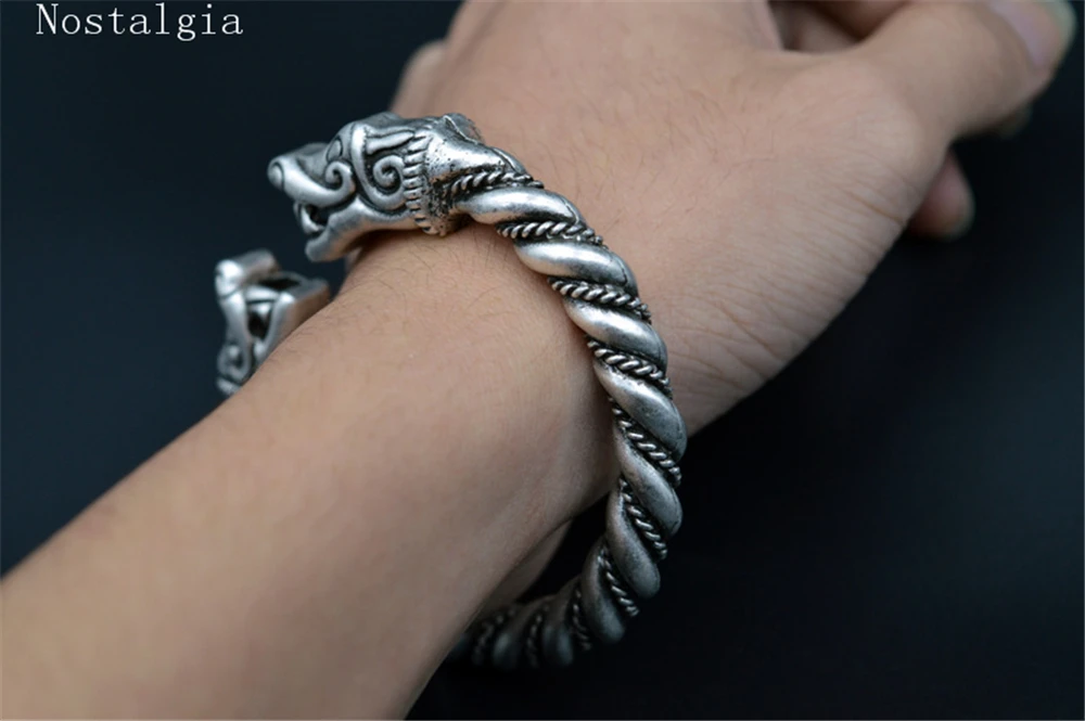 Trendy Handmade Customize Viking Wolf Wild Boar Bracelet For Men Cuff Tibetan Silver Odin Raven Opening Bangle Bracelets Jewelry