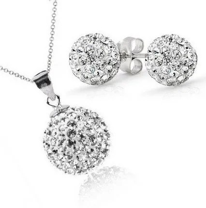 

Hot sale Free shipping 10mm white Micro Pave Disco Ball Silver Earrings Necklace Set jewelry Wholesale crystal