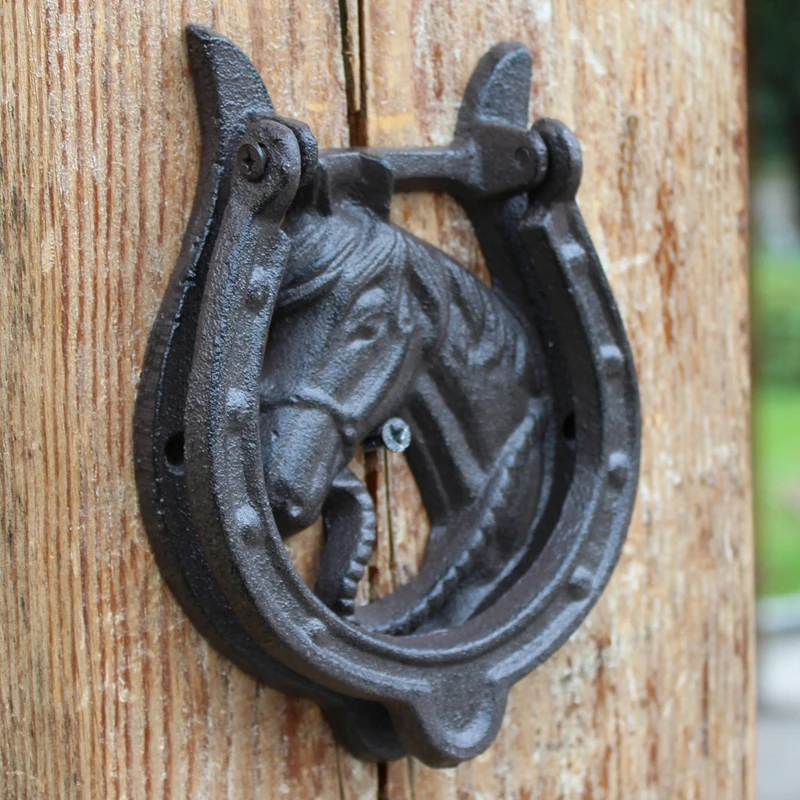 Black Horseshoe Cast Iron Front Door Knocker Farm House Home Garden Decor Vintage Handmade Foot Circled Animal Head Metal Handle
