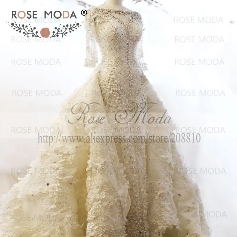 Rosa moda fotos reais de cristal luxo 3d vestidos de casamento da flor com mangas compridas feito sob encomenda