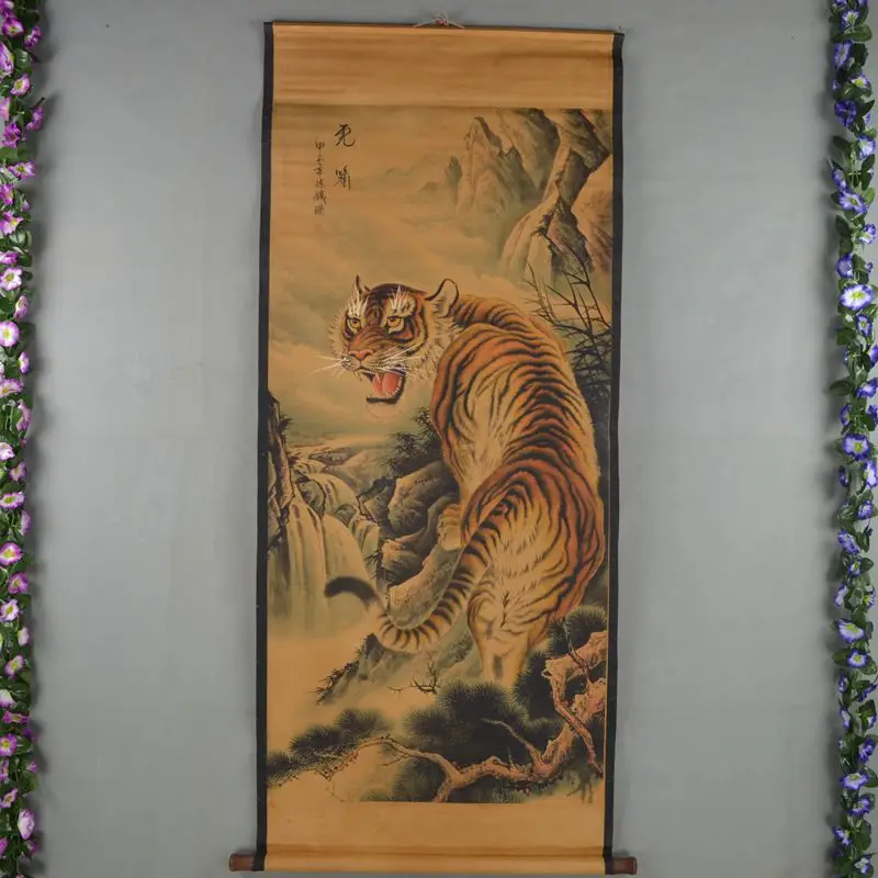 

Chinese Qing Dyansty Scroll Painting Megatron Mountain Tigers Uphill, Free shipping