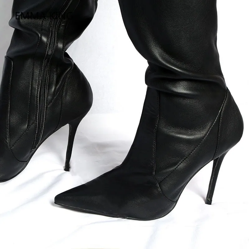 جديد أسود الشتاء فوق الركبة أحذية امرأة الموضة أشار تو عالية الكعب القوطية أحذية النساء سيدة سليم طويل الفخذ أحذية عالية