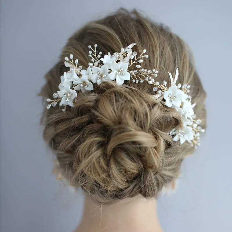 SLBRIDAL-Peigne à cheveux de mariage fait à la main avec biscuits en cristal, perles d'eau douce, fleur en céramique, patients, accessoires pour cheveux, bijoux pour femmes