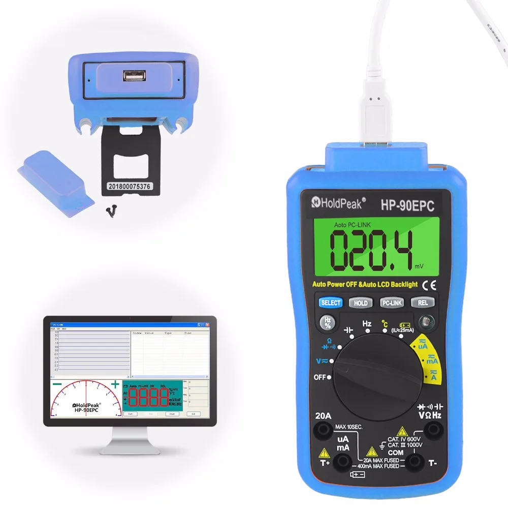 HoldPeak HP-90EPC Multimetro Digital USB Multimeter AC/DC Voltage Current C/F Temperature Tester DMM USB Interface Support PC