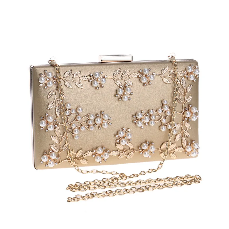 Fashion New Women Evening Clutch Bags PU Chain Shoulder Handbags Leaf Metal Beaded Evening Purse Messenger Bags