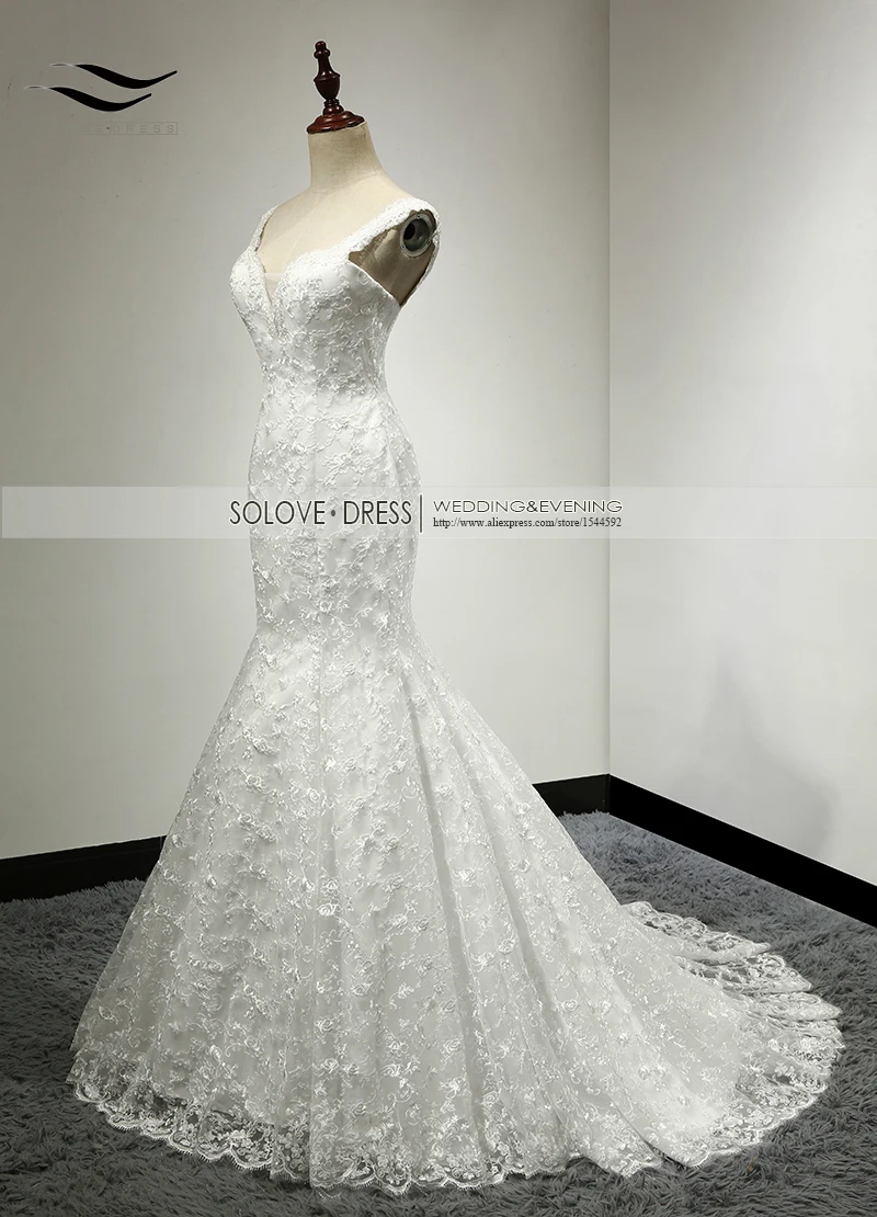 Solovedress fotos reais frisado sereia laço vestido de casamento botões cinta de espaguete querida vestido de noiva sl223