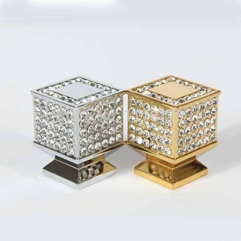 Fashion deluxe glass diamond crystal furniture knob silver drawer cabinet handle gold dresser cupboard door pull knob 21mm