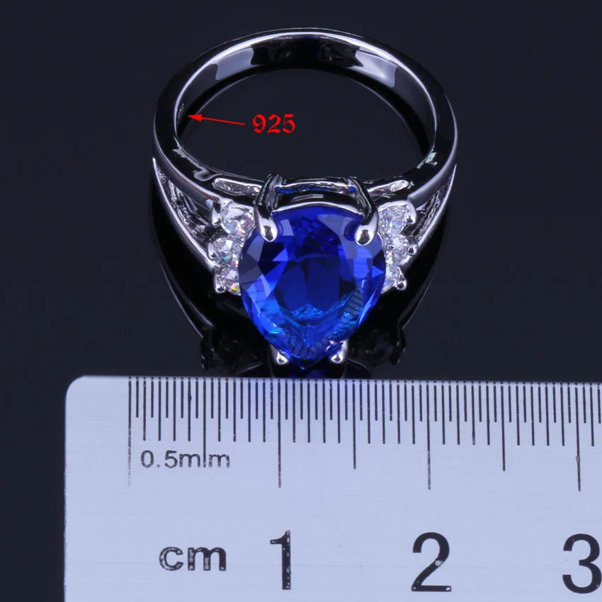 Splendid Pear Blue Cubic Zirconia White CZ Silver Plated Ring V0631