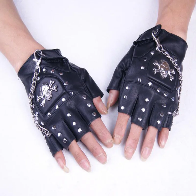 New Cool Skull Men Women Half Finger Leather Punk Gloves Unisex Semi-finger Dance Gloves Bike Fingerless Gloves S31