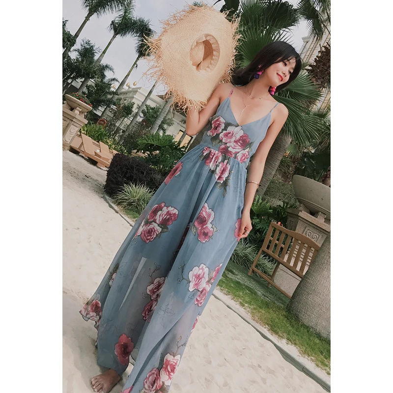 Kissbini-vestido longo feminino sexy para verão, vestidos de praia femininos em chiffon, estampa floral azul, vestidos finos com costas abertas